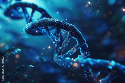 This photo shows a detailed view of a blue and black structure, capturing its intricate design and colors, Dna editing with CRISPR technology, AI Generated