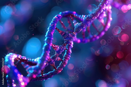 This close-up photo captures the intricate details of a purple and blue structure, DNA strands under a microscope, AI Generated