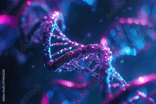 This photo showcases a detailed view of a purple and blue structure, highlighting its intricate design and vibrant colors, DNA strands under a microscope, AI Generated