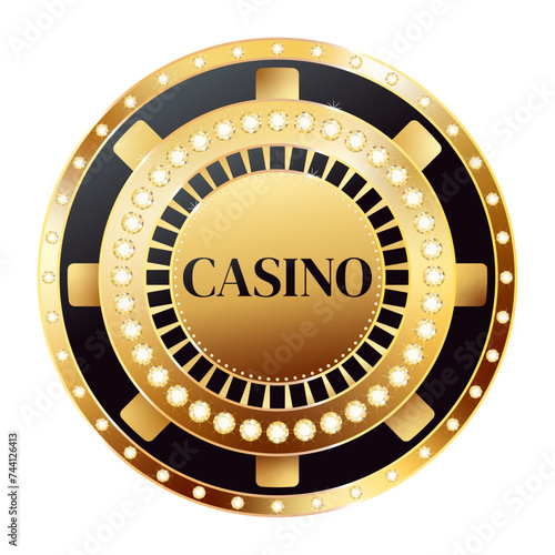 Round vector winning golden casino chip with glitter, expensively decorated with diamonds.