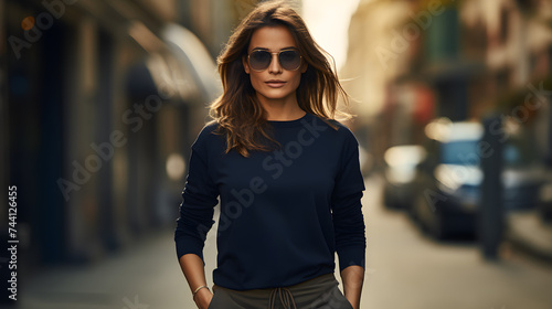 fashion a woman wearing a women's navy t shirt standing on the street photo