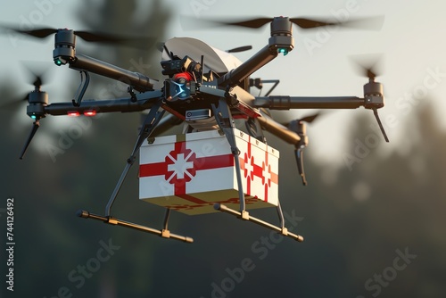 A small box is floating in mid-air, defying gravity and showcasing its flight capabilities, Drone delivering emergency medical supplies, AI Generated