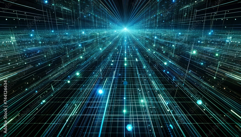 Green Digital Grid with Futuristic Light Rays Green Digital Grid with Futuristic Light Rays