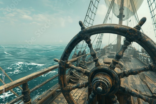 steering wheel vintage, midday, on ocean