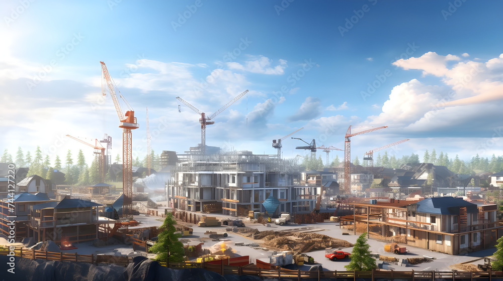 A panoramic view of a bustling construction site with various houses in ...