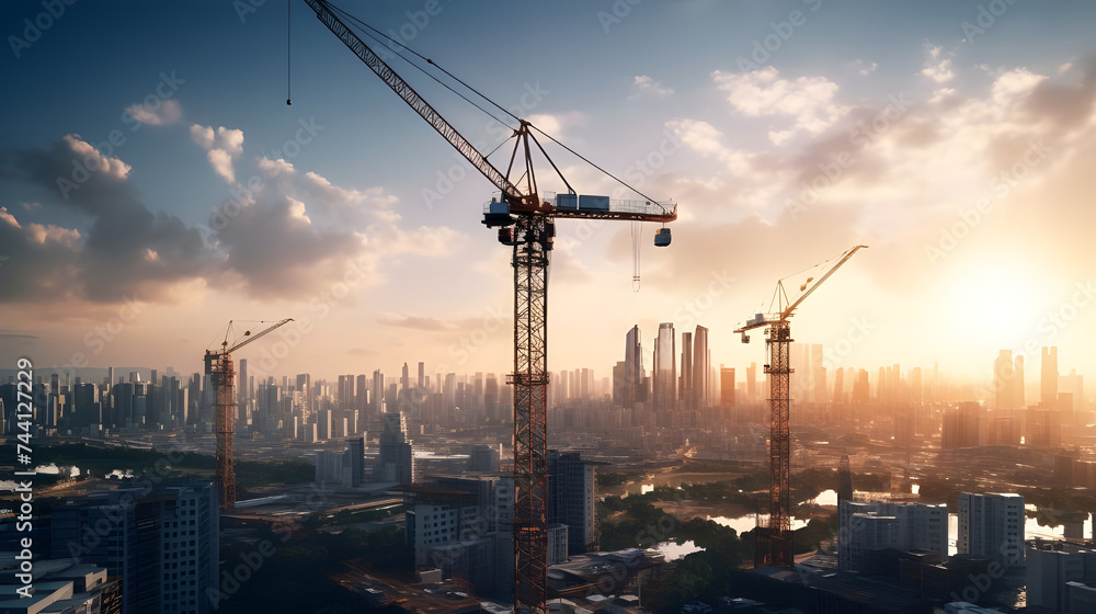 Amidst the urban landscape, a skyline dominated by cranes and scaffolding, symbolizing the ongoing projects of houses in the background.