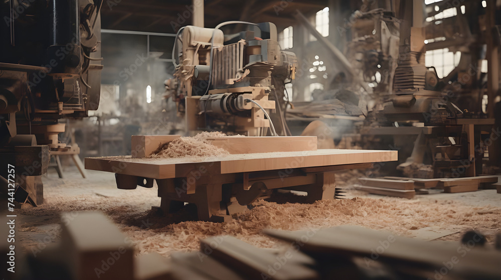 Against the backdrop of a woodworking workshop, a milling machine transforms raw wood into refined planks, while a would-be thief tries to steal a freshly milled piece.