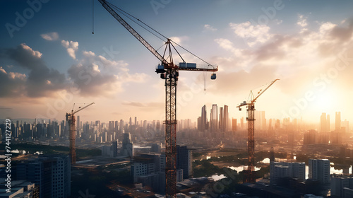 Amidst the urban landscape, a skyline dominated by cranes and scaffolding, symbolizing the ongoing projects of houses in the background. photo
