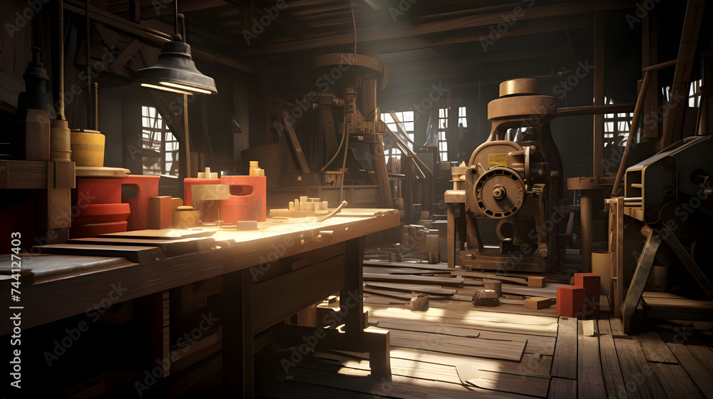 Amidst the workshop's machinery, a milling machine meticulously shapes a wooden plank, while a thief lurks in the shadows Amidst the workshop's machinery, a milling machine meticulously shapes a wooden plank, while a thief lurks in the shadows