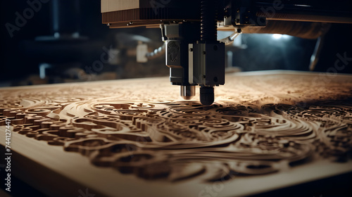 A milling machine expertly carves intricate patterns into a wooden plank, as a figure sneaks in to pilfer the processed wood.
