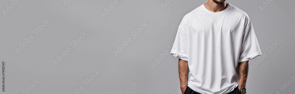 Modelo con camiseta blanca para hombre sobre fondo gris, maqueta para tu propio diseño, banner de moda Modelo con camiseta blanca para hombre sobre fondo gris, maqueta para tu propio diseño, banner de moda