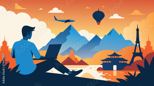 Remote Work Amidst Global Landmarks at Sunset