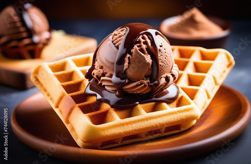 Viennese waffles with a scoop of chocolate ice cream dipped in chocolate