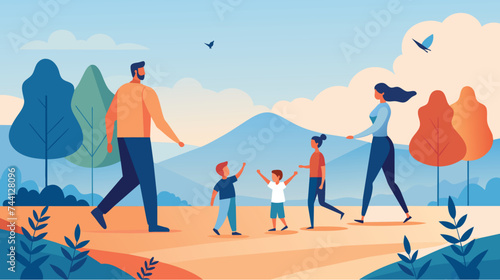 Family Enjoying a Nature Walk in the Park at Dusk