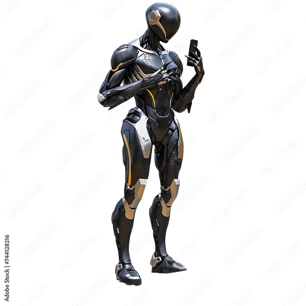 Black and Gold Robot Holding Cell Phone
