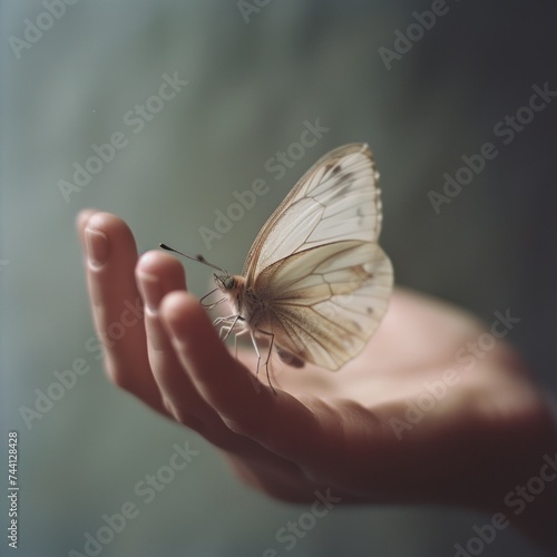 butterfly in the hands of a girl, close-up. A close-up of a delicate butterfly resting on an outstretched hand, symbolizing the vulnerability and beauty found in being unarmed.  photo