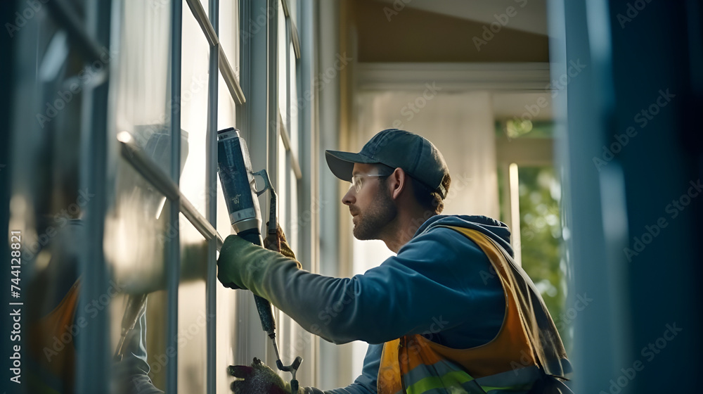 A worker is seen installing a plastic window indoors, their focused effort evident as they ensure each corner of the frame is properly aligned for a snug fit.