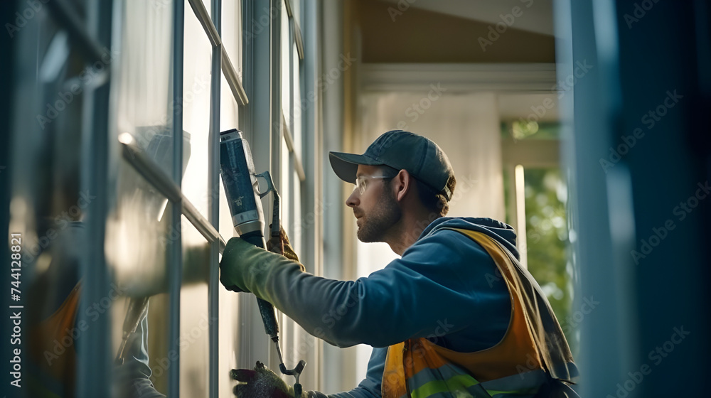 A worker is seen installing a plastic window indoors, their focused effort evident as they ensure each corner of the frame is properly aligned for a snug fit. A worker is seen installing a plastic window indoors, their focused effort evident as they ensure each corner of the frame is properly aligned for a snug fit.