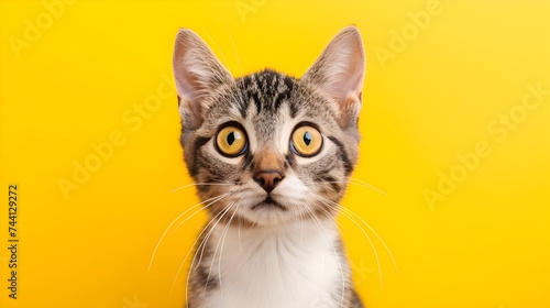 Young crazy surprised cat make big eyes closeup on yellow background © Muzikitooo