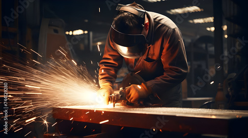 In a scene of industrial craftsmanship, a skilled worker uses a grinding machine to shape a metal part, the sparks and metallic sounds adding to the atmosphere as they work with precision and skill.