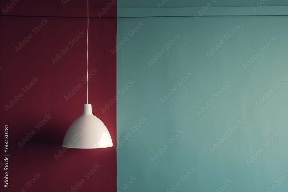 White lamp hanging from the ceiling, with red and blue background with copy space White lamp hanging from the ceiling, with red and blue background with copy space