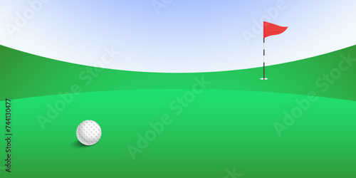 Golf ball near the hole with a red triangle flag on a lush green course on a blue sky background, vector illustration.