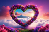 Fantastic 3d heart made  flowers, brightly cloudy heart, poster 