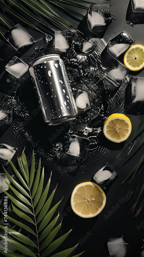 Mockup of A sleek aluminum beverage can on a bed of ice, accented with fresh lemon and lime slices and tropical foliage. Mockup of A sleek aluminum beverage can on a bed of ice, accented with fresh lemon and lime slices and tropical foliage.