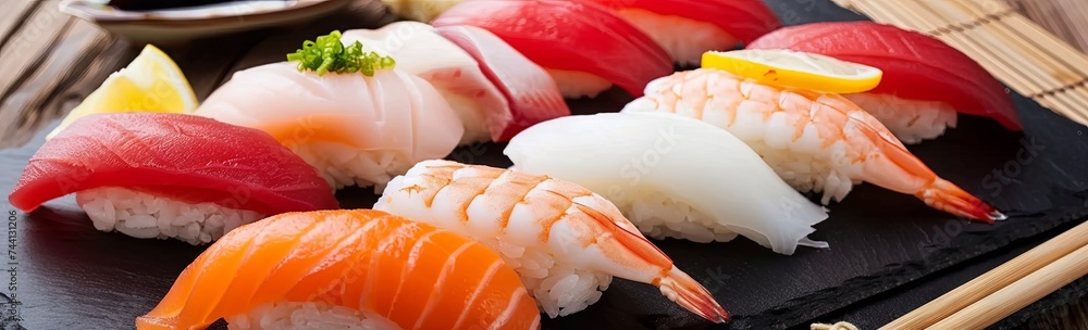  A vibrant display of assorted sushi with salmon, roe, and lemon on a black slate board.