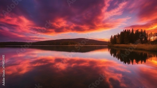 sunset on the lake A beautiful sunset or sunrise landscape with a lake and amazing colorful clouds. The sun is low 