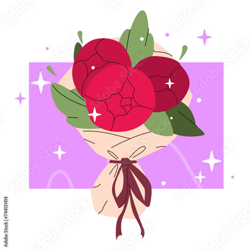 Flowers bouquet of peonies. Bouquet of spring fresh flowers wrapped in gift paper. Beautiful lush rose for Mother's Day, international women's day, Valentine's day, birthday. Holiday floral decor