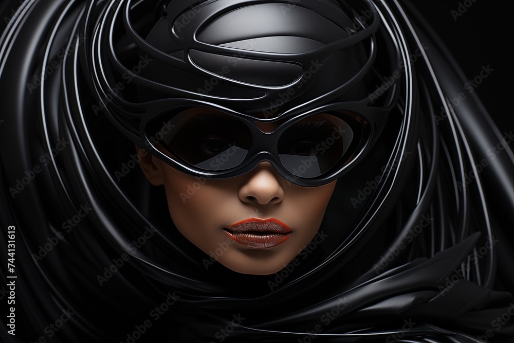 Stunning portrait of a woman with abstract black swirls in a modernist style