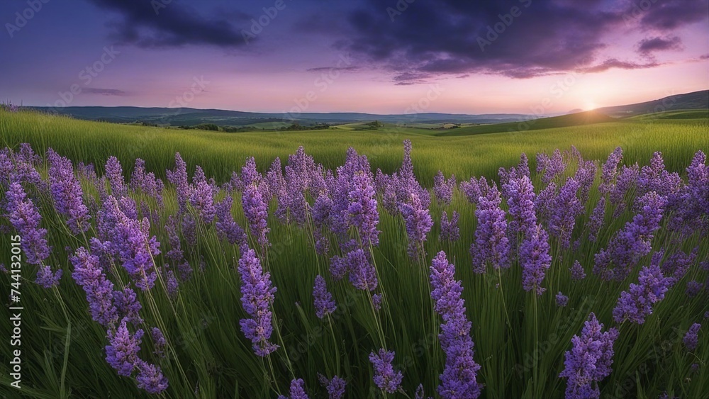 Obraz premium lavender field in region a panoramic banner with purple lavender flowers and green grass on a blurred blue sky background 