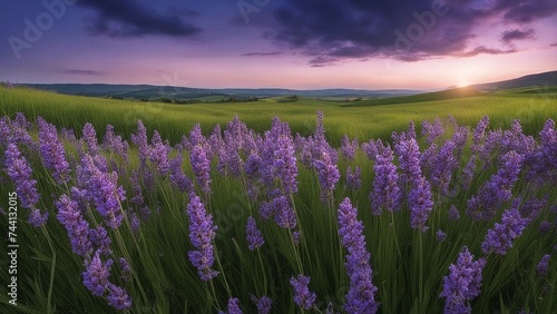 lavender field in region a panoramic banner with purple lavender flowers and green grass on a blurred blue sky background © Jared