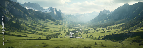 Mountain breathtaking view of natures beauty. Panoramic view of a serene valley, lush greenery and majestic peaks under sky.