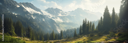 Majestic mountain range with lush forest at dawn