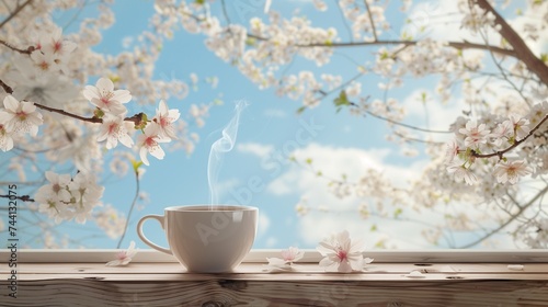 A delicate cup of freshly brewed coffee sits on a wooden windowsill, framed by a view of cherry blossoms against a soft blue spring sky. The gentle steam from the coffee mingles with the light floral 