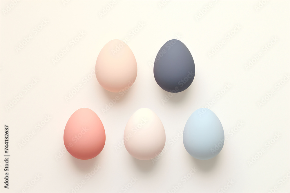 Five colorful Easter eggs ranging from dark teal to ivory and mustard are aligned on a soft creamy background, depicting a minimalistic concept. Image for cooking or Easter. Five colorful Easter eggs ranging from dark teal to ivory and mustard are aligned on a soft creamy background, depicting a minimalistic concept. Image for cooking or Easter.