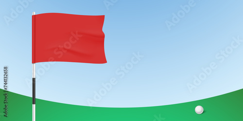 Golf ball near the red flag on a lush green course on a blue sky background, vector illustration.