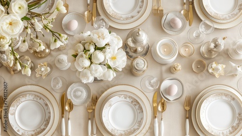 an Easter table setting adorned with colorful decorations and holiday-themed elements, ample copy space for personalized messages and greetings.