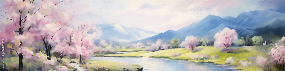 Panoramic Springtime Impressionist Artwork with Blooming Cherry Trees and Majestic Mountain Backdrop, Idyllic Nature Scene for Seasonal Decoration and Artistic Display