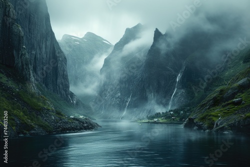 Serene fjords and misty cliffs photo