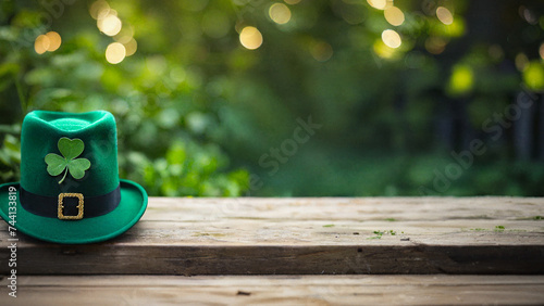 st patrick's day, green hat with shamrock on wooden table on bokeh background with space for text