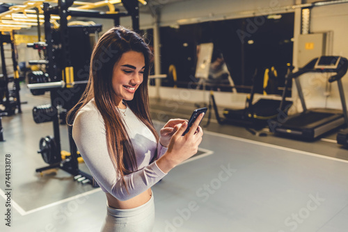 Young woman athlete using cell phone at gym. Woman in sportswear checking phone while resting after workout. Beautiful fit girl messaging with smartphone at fitness centre.