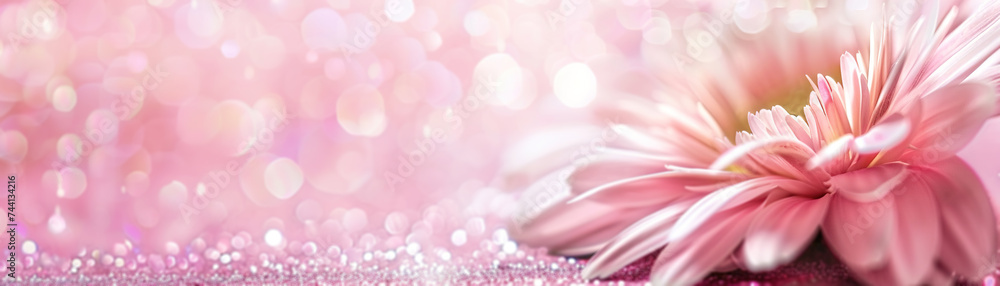 Pink glittering background with flower, copy space. Women's Day. It's a girl backdrop with empty space. Baby shower or birthday invitation, party. Baby girl birth announcement. Banner.