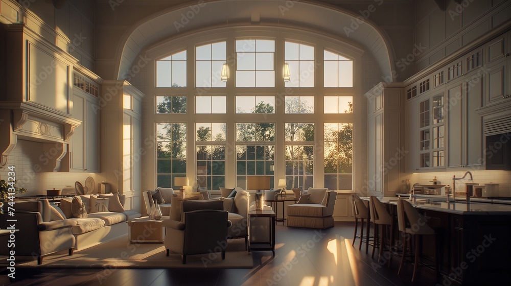 A serene dawn breaks through the large bay windows of a new traditional style luxury home, casting soft, natural light across the living room and kitchen. - obrazy, fototapety, plakaty 