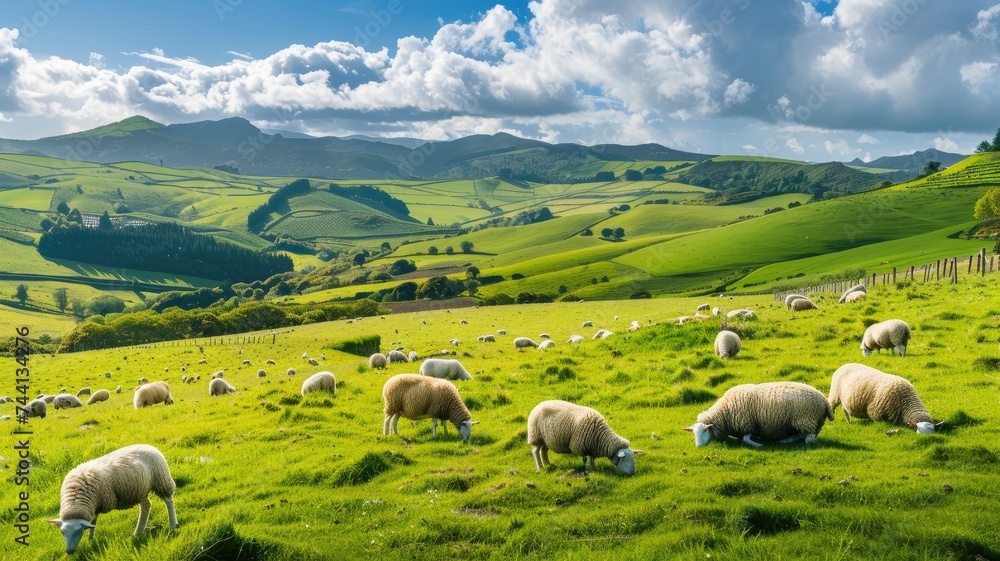a countryside landscape adorned with rolling green hills speckled with sheep, the tranquility and pastoral charm of the scene, inviting viewers to immerse themselves in the beauty of nature.
