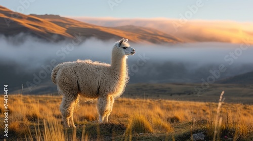 An alpaca contemplating the dawn in a serene mountain field