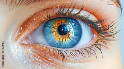 human eye is blue with an expressive multi-colored iris surrounded by long eyelashes against the background of the skin. Concept: Ophthalmology, Eye Health and Safety Awareness Month for Children and 
