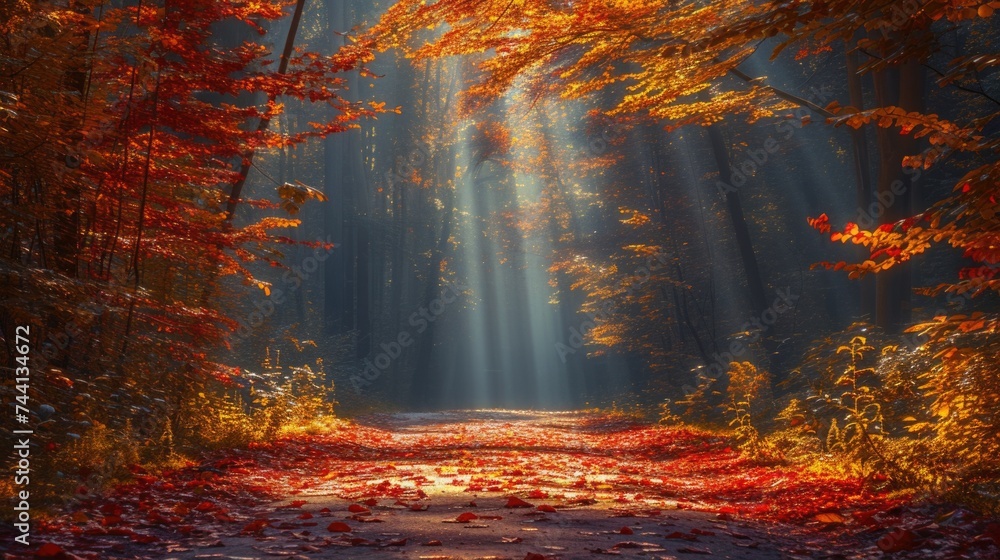Autumn forest trail with rays of sunshine